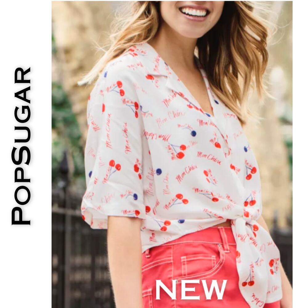 Popsugar Mon Cherie Camp Shirt Medium White Red Cherry Print Tie Front Retro NEW